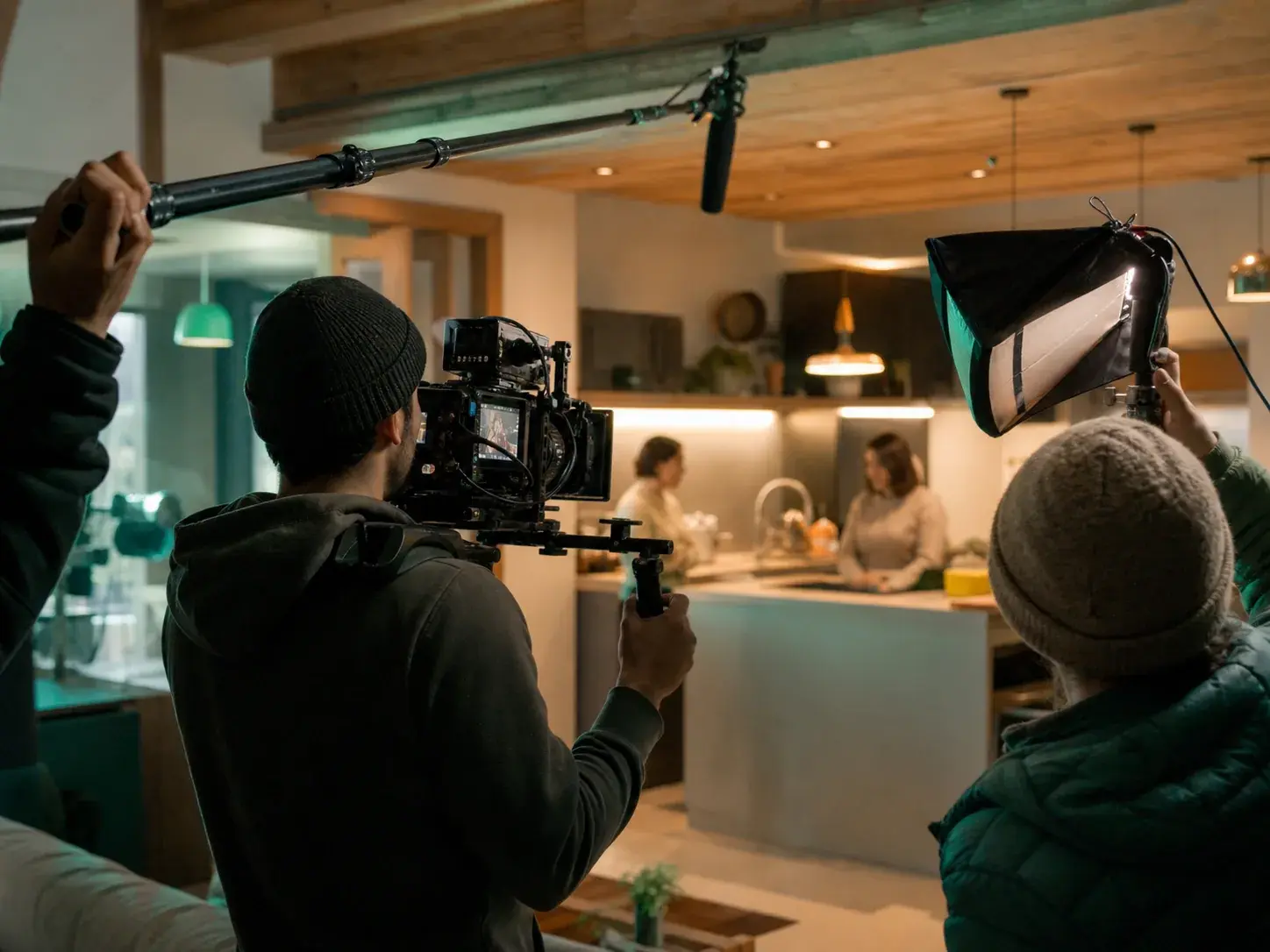 Film crew and cinema camera on a production set